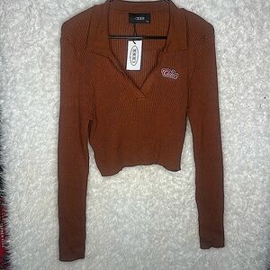 NWT Cider cropped ribbed sweater with collar and v neck